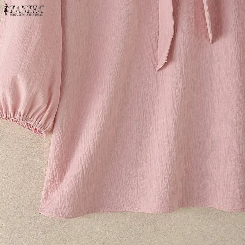 Crinkled Bow Tie Neck Puff Sleeve Blouse for Women