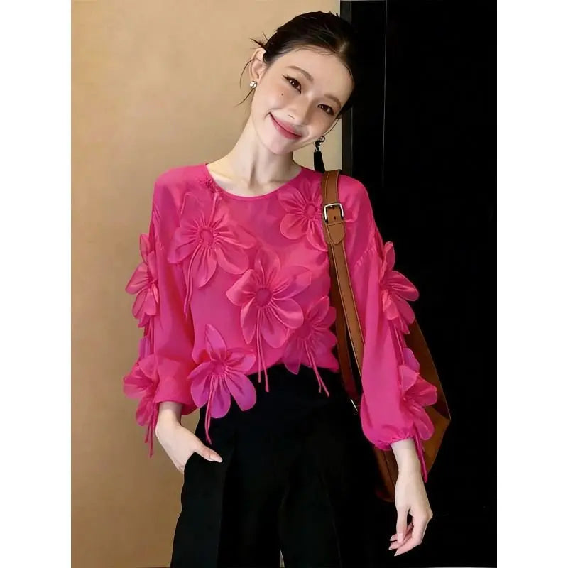 Three Dimensional Flower Lightweight Long Sleeve Top for Women
