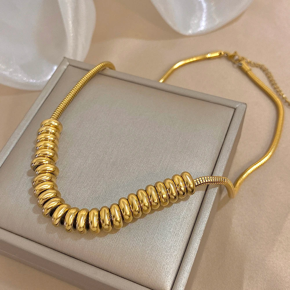 Flashbuy Gold Color Thick Chain Stainless Steel Necklace for Women Fashion Statement Bead Pendant Party Jewelry Accessory