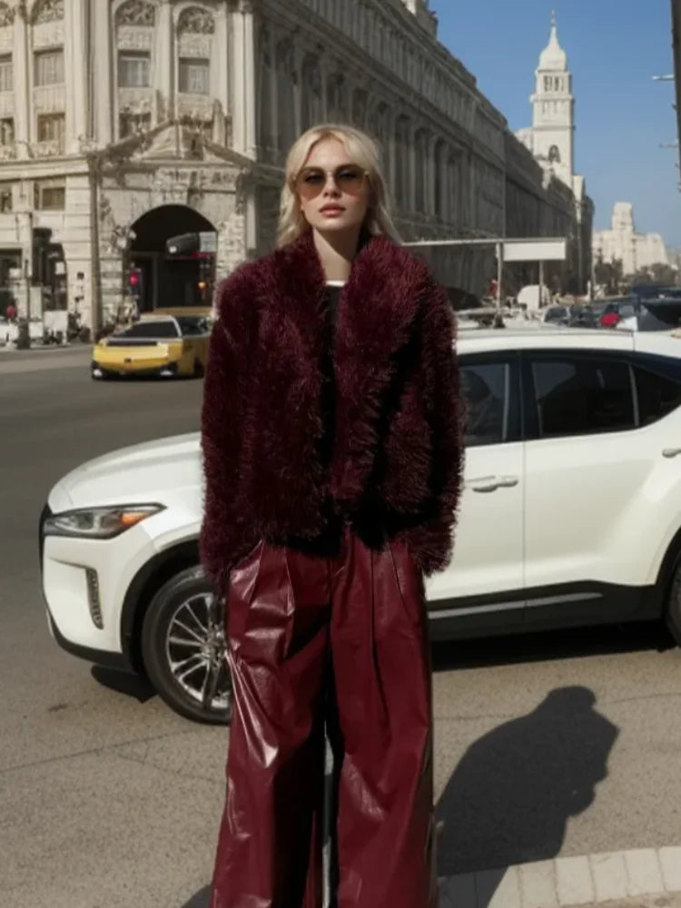 Burgundy Faux Fur Coat Vintage Long Sleeve Furry Warm Jacket Casual Fashion Women Coats 2025 Autumn High Street Lady Outerwear
