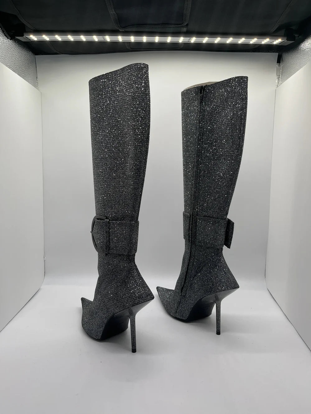 Elegant Grey Pointed Toe Stiletto Knee High Boots Metal Buckle for Women