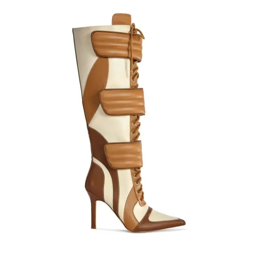 Tan Leather Point Toe Stiletto Knee High Boots For Women