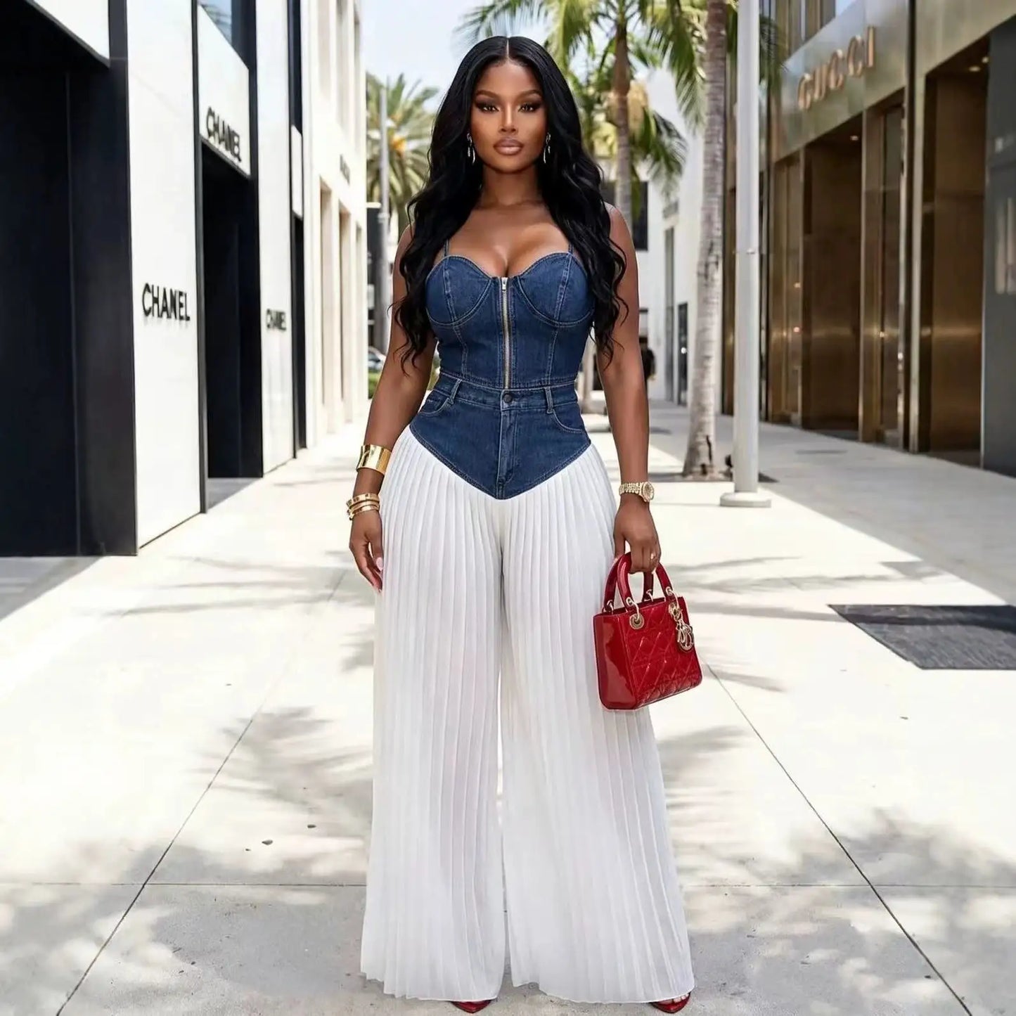 Casual Patchwork Wide Leg Denim Tracksuit Set for Women