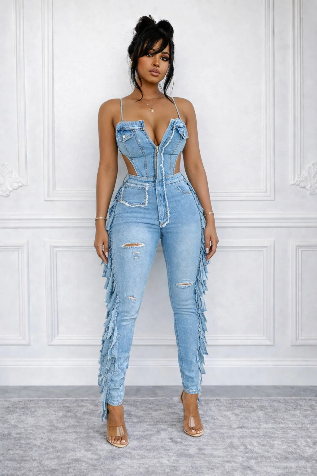 Elegant Strapless Denim Jumpsuit With Tassel Accents For Women