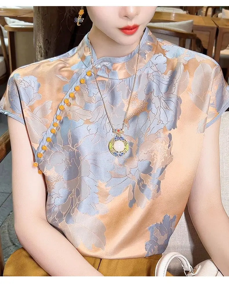 Chinese Inspired Floral Jacquard Satin Blouse For Women