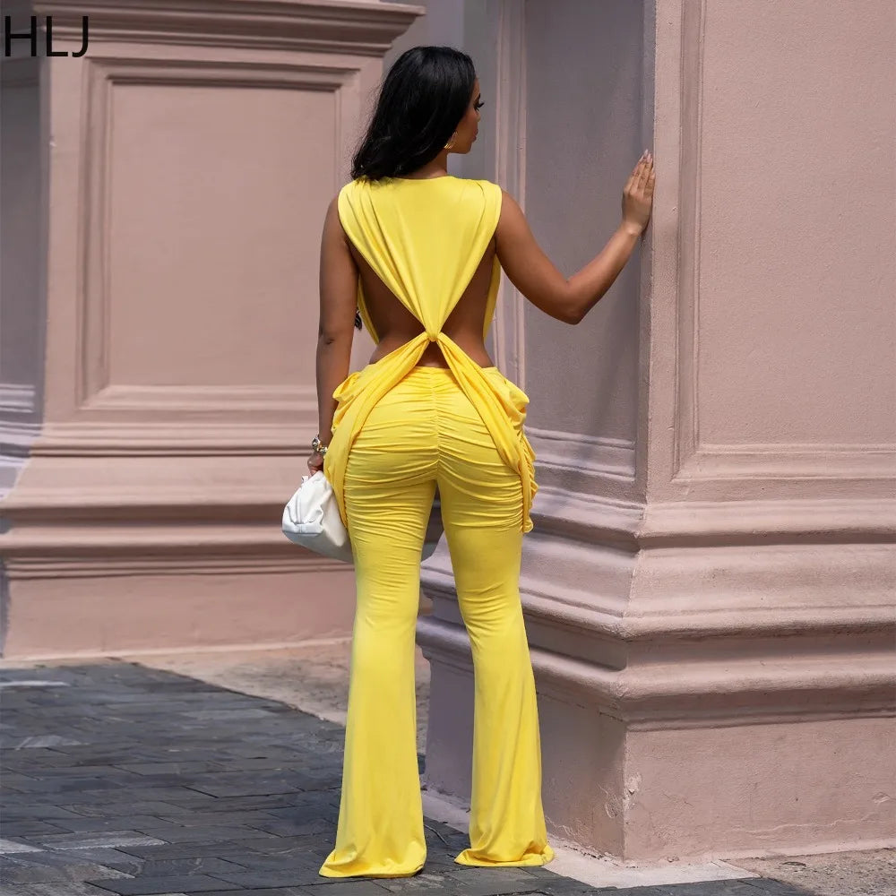 Halter Deep V Neck Ruched Flare Jumpsuit for Women