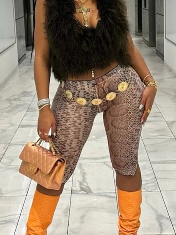 Snake Print Elastic Waist Skinny Shorts Trend for Women