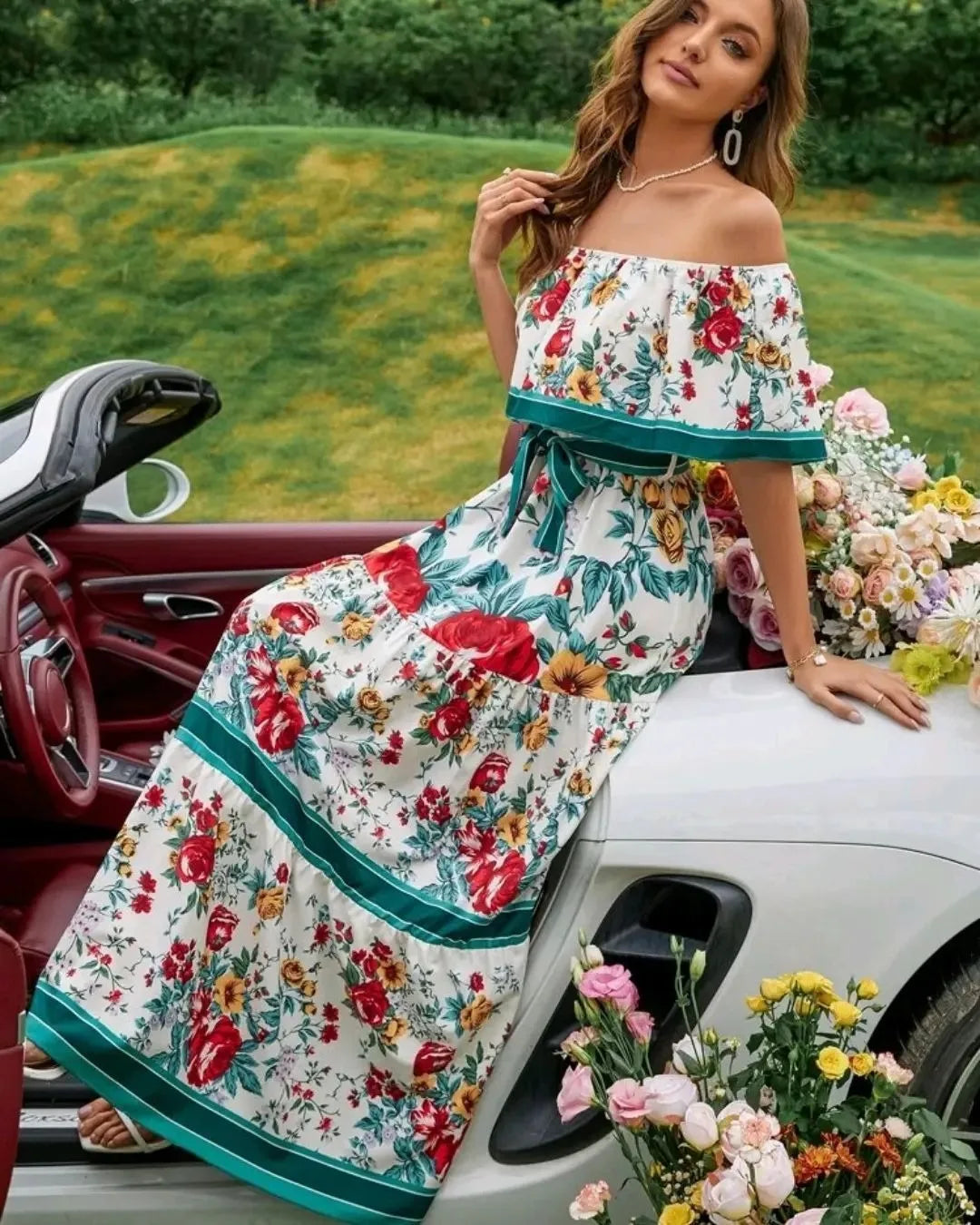Floral Print Off Shoulder High Waist Dress for Women