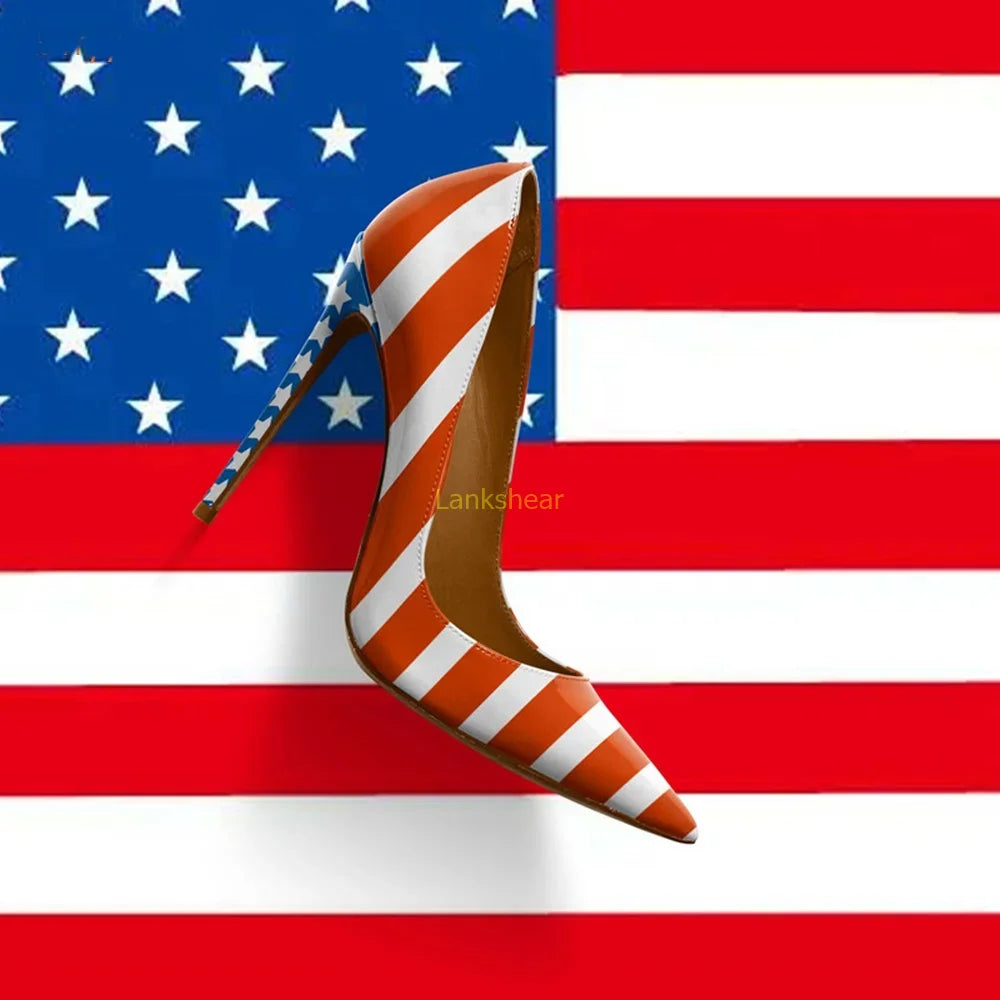 American Flag Print Pointed Toe Stiletto Pumps for Women