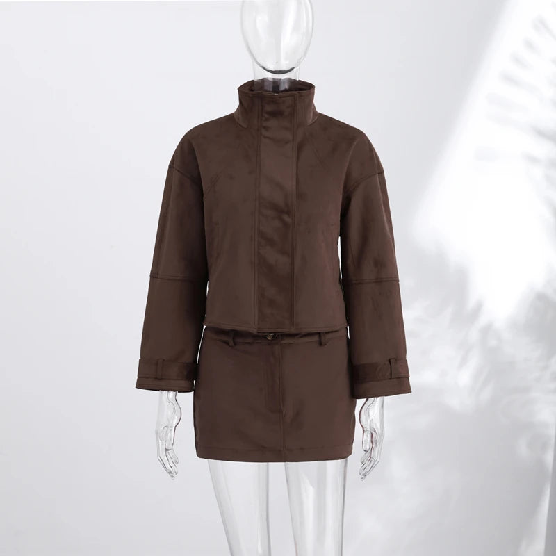 Vintage Suede Jacket and Mini Skirt Two Piece Set for Women