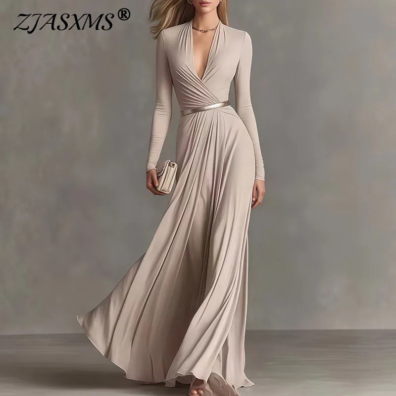 Deep V Neck Ruched Waist Long Sleeve Maxi Dress for Women