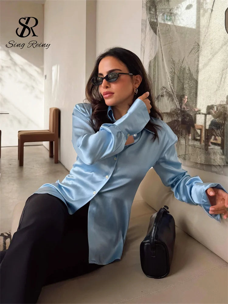Slim Fit Satin Long Sleeve Button-Up Blouse for Women