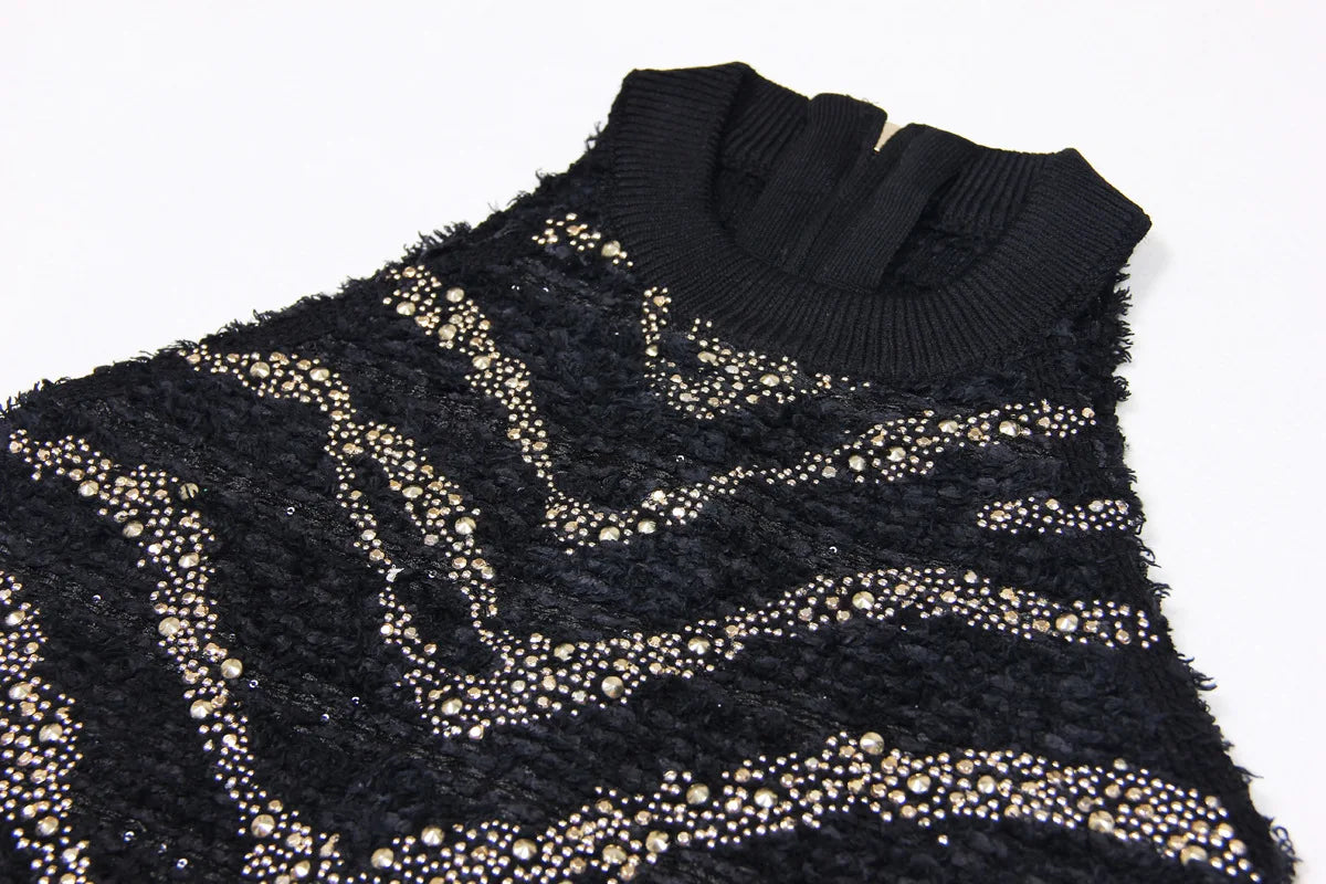 2025 Autumn New Heavy Knitted Hot Diamond Long-sleeved Jacket Sexy Vest + Skirt Set Light Luxury Party Women Three-piece Set
