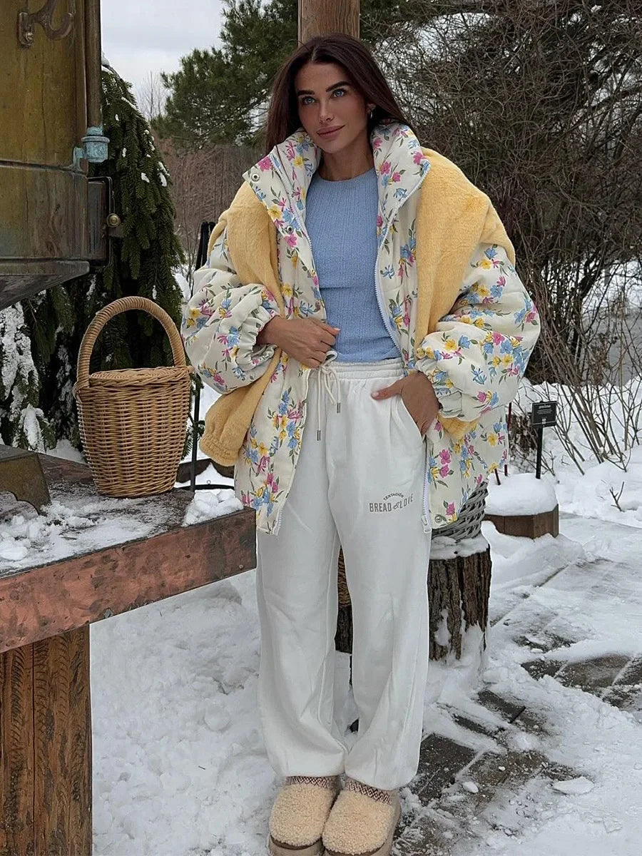 Floral Print Oversized Stand Collar Puffer Jacket For Women