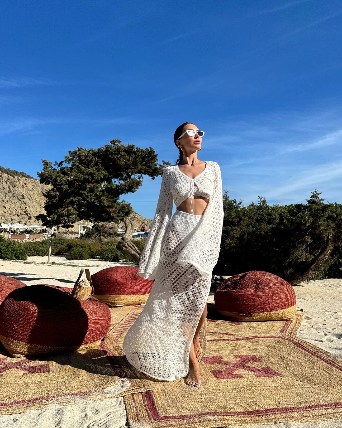 Sexy Knit Set White Cut Out Swimsuit Cover Up 2025 Women's Summer Bell Sleeve Lace-up Loose Top Beach Half Skirt Two-piece K136