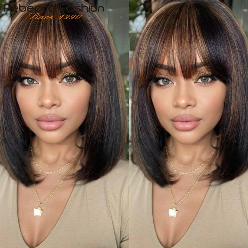 Straight Brazilian Human Hair Bob Wig With Bangs for Women