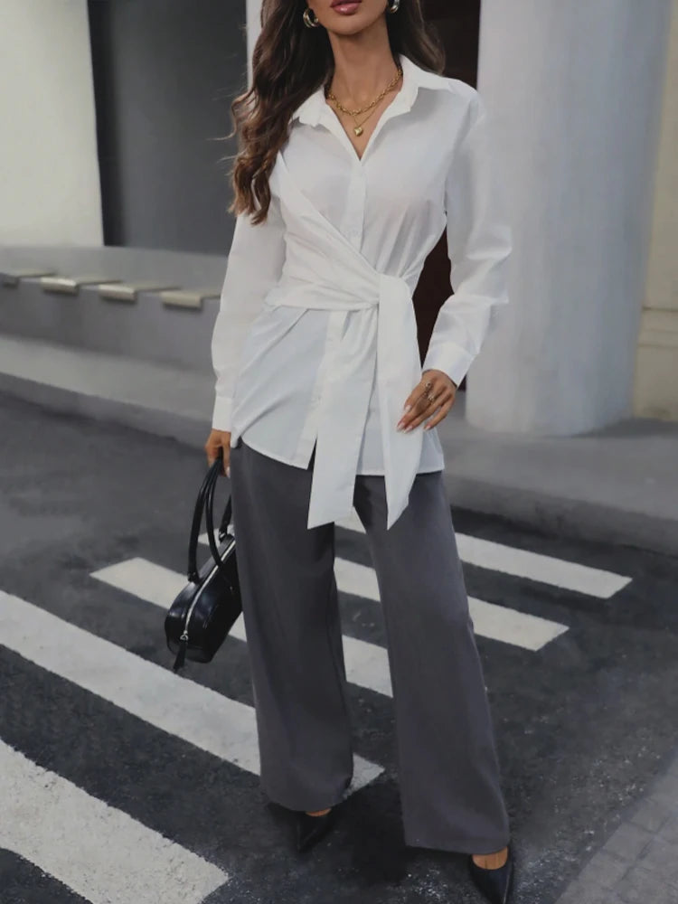 Women's Classic Collar Button-Up Long Sleeve Shirt with Waist-Cinching Belt Elegant Retro Style Adjustable Fit