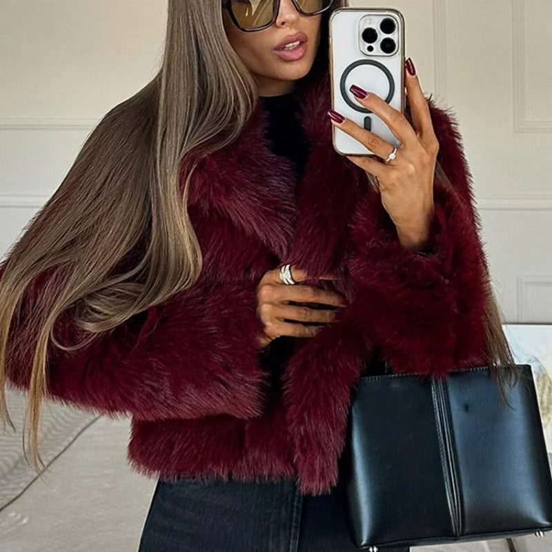 Burgundy Faux Fur Coat Vintage Long Sleeve Furry Warm Jacket Casual Fashion Women Coats 2025 Autumn High Street Lady Outerwear