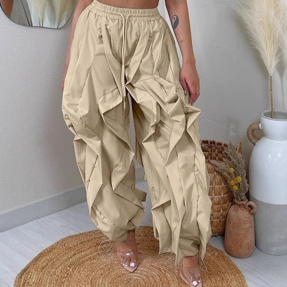 FAGADOER Casual Ruched Patchwork Lantern Sleeve Pants Women High Waist Drawstring Patchwork Pants Female Streetwear Trousers New