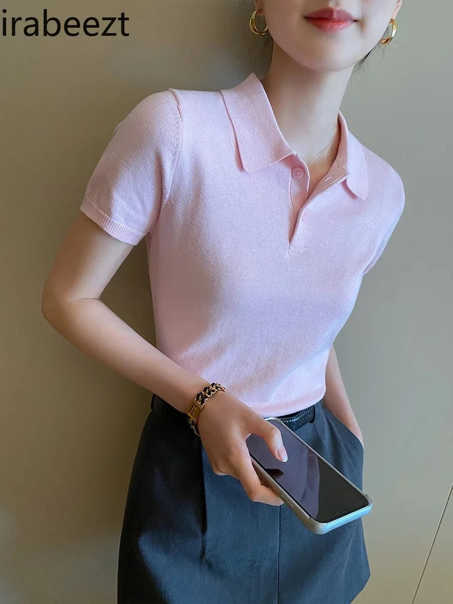 Casual Slim Fit Pink Breathable Knit Polo Top For Women