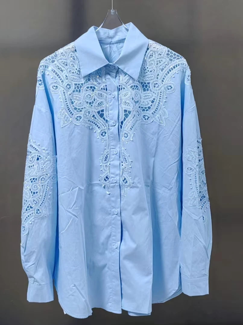 Sequined Embroidered Lantern Sleeve Hollow Out Cotton Blouse for Women