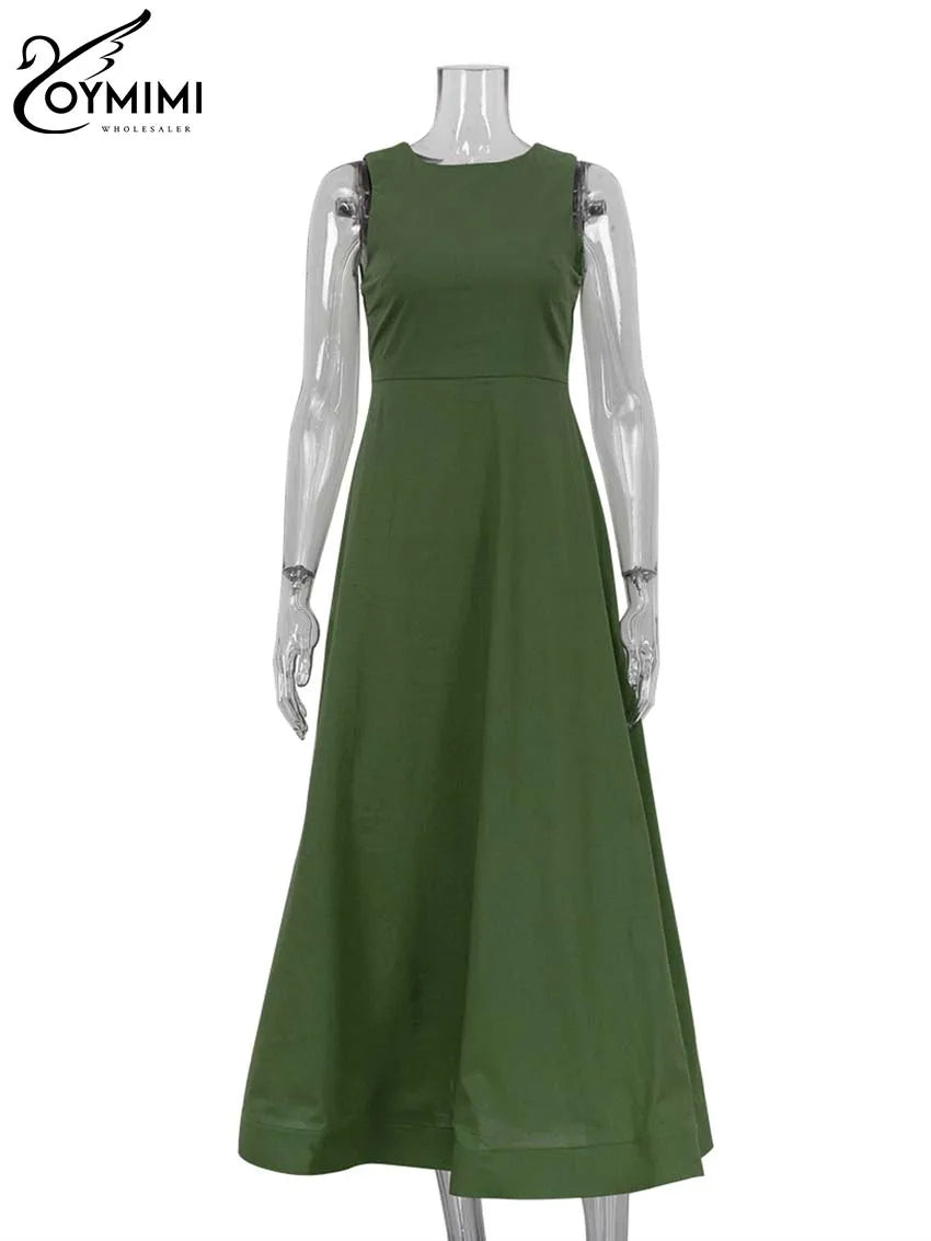 Oymimi Elegant Green Cotton Women's Dress Fashion O-Neck Sleeveless Dresses Casual New High Waist A-Line Mid-Calf Dresses Female