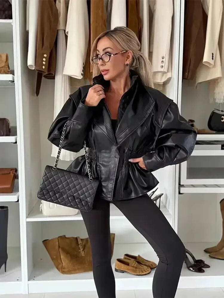 Cropped Oversized Black Leather Bomber Jacket for Women