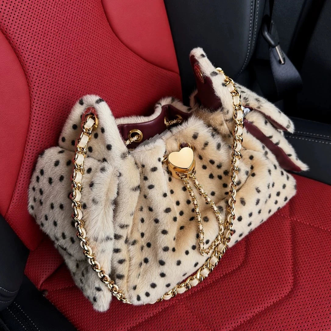 Women Shoulder Crossbody Bag Faux Fur leopard print Bucket Bag Luxury Plush Commuter Handbag Fashion Large Capacity Tote Bag