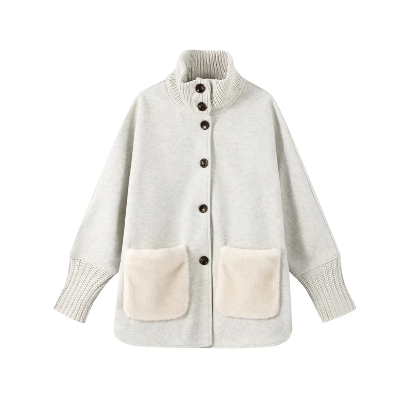 Loose Knit Fur Standup Collar Long Sleeve Pocket Cardigan for Women