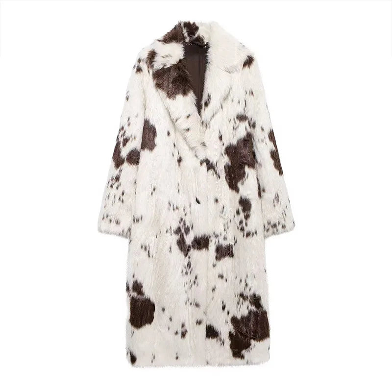 Long Faux Fur Coat With Turn Down Collar for Women