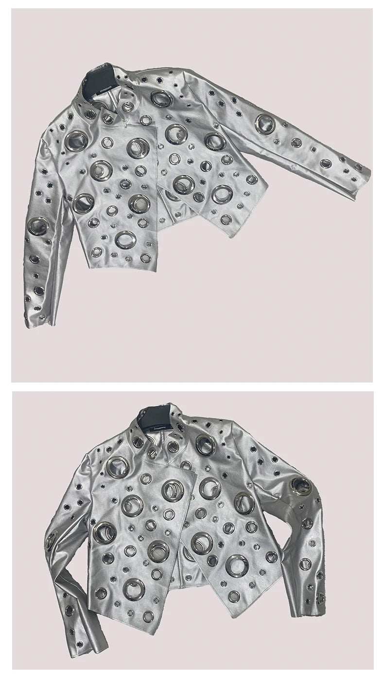 Sequin Hollow Out Patchwork Faux Leather Jacket For Women
