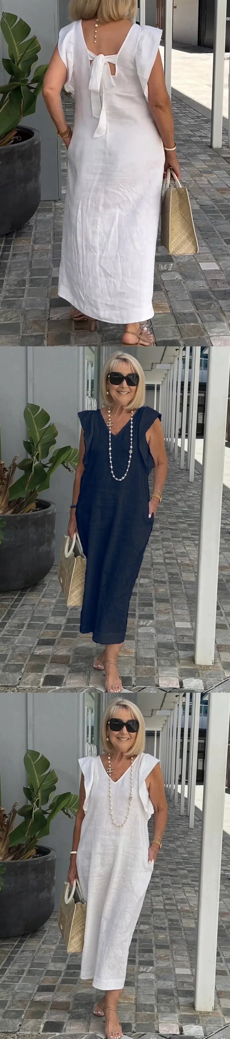 Back Tie Flutter Sleeve Ankle Length Linen Dress for Women
