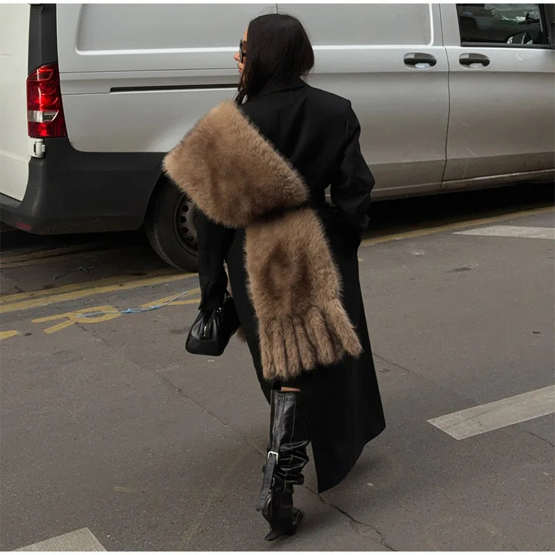 Long Thick Plush Faux Fur Scarf With Fringe for Women