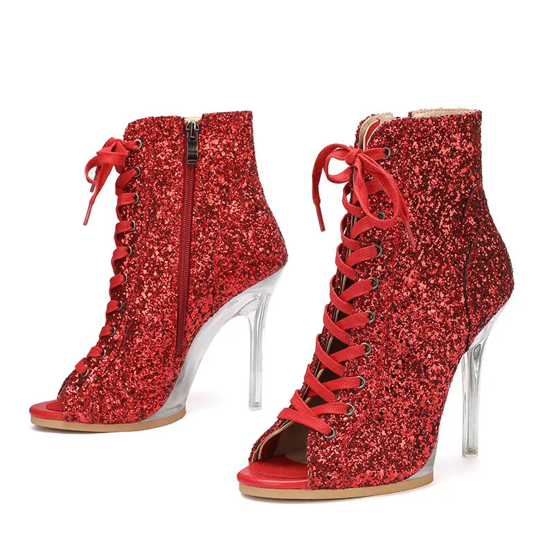 High Heel Crystal Detail Lace-Up Latin Dance Boots for Women