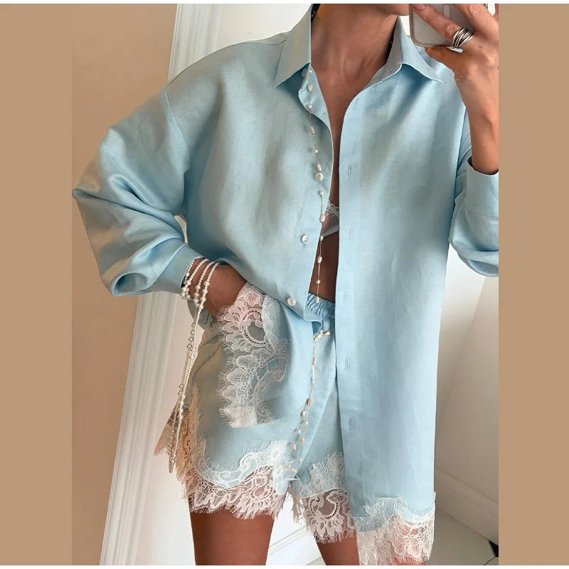 Casual Loose Fit Lace Patchwork Shorts Outfit For Women