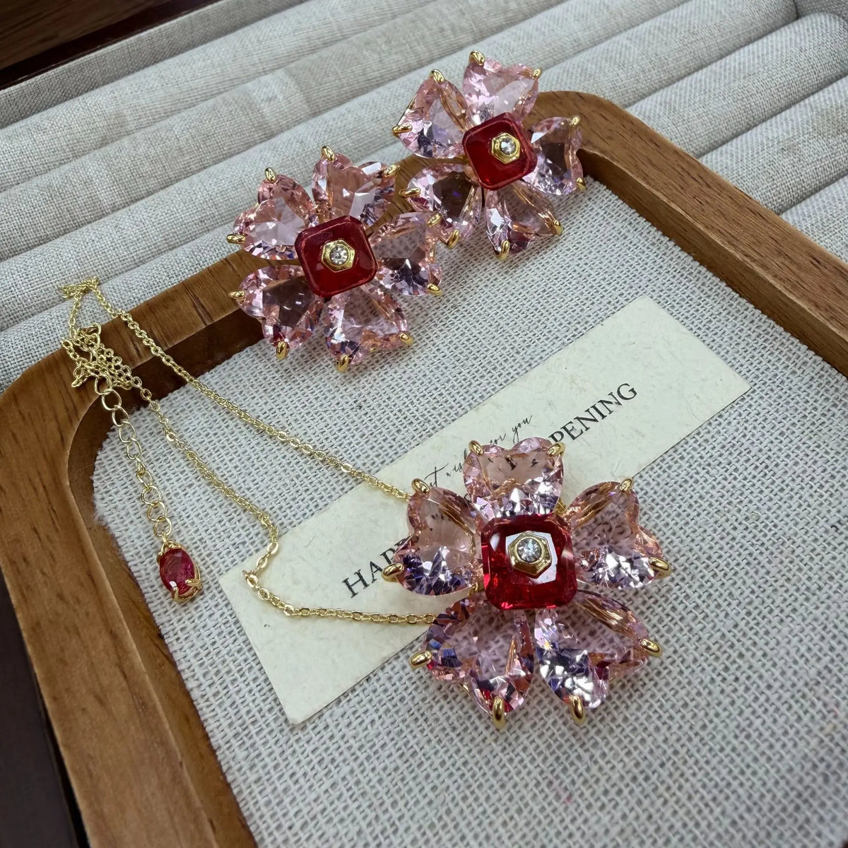 Crystal Flower Pendant Necklace and Earring Set for Women