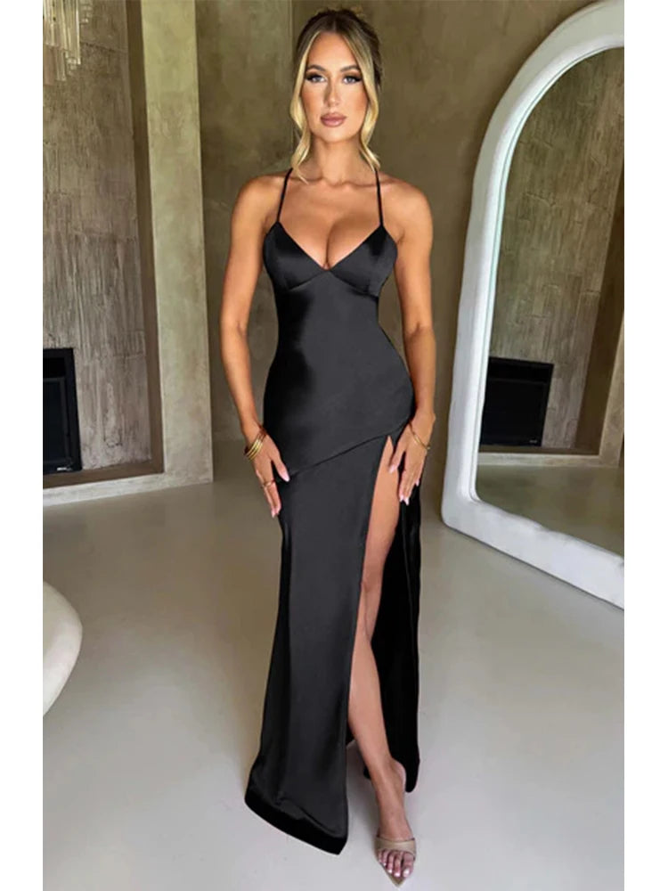 Elegant Backless Satin Maxi Dress With Lace Up For Women