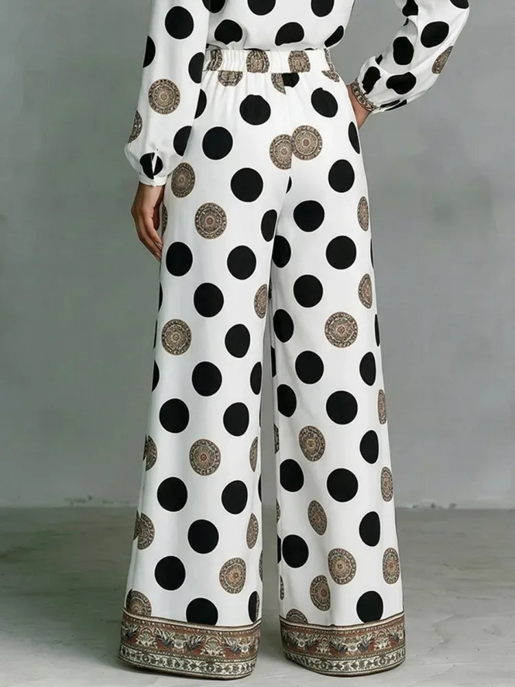 Floral Polka Dot Blouse And Wide Leg Pants Set for Women