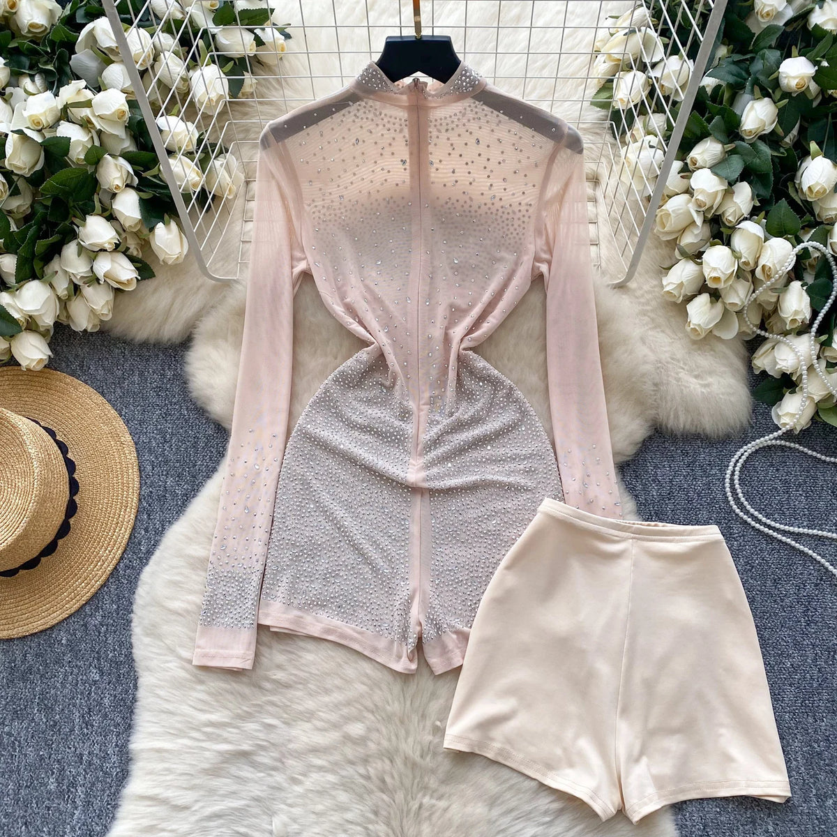 Sheer Long Sleeve Zipper Mesh Romper With Shorts for Women