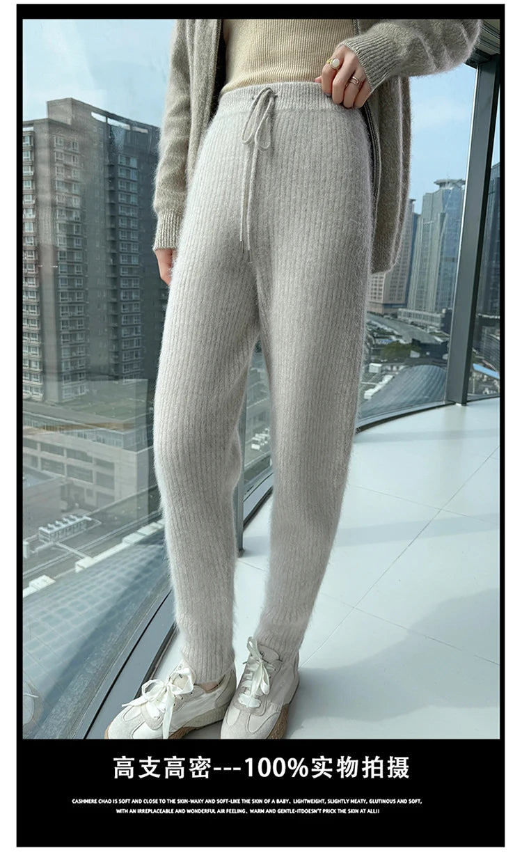 Warm Knit Elastic Waist Slim Fit Trousers for Women