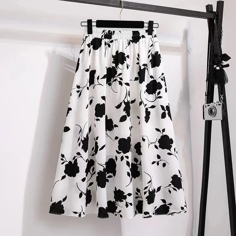 Plus Size High-Waisted Slimming Plus Size Women's Rose Skirt 2024 Summer Medium-Length Stylish BBQ Hip Covering Casual Dress