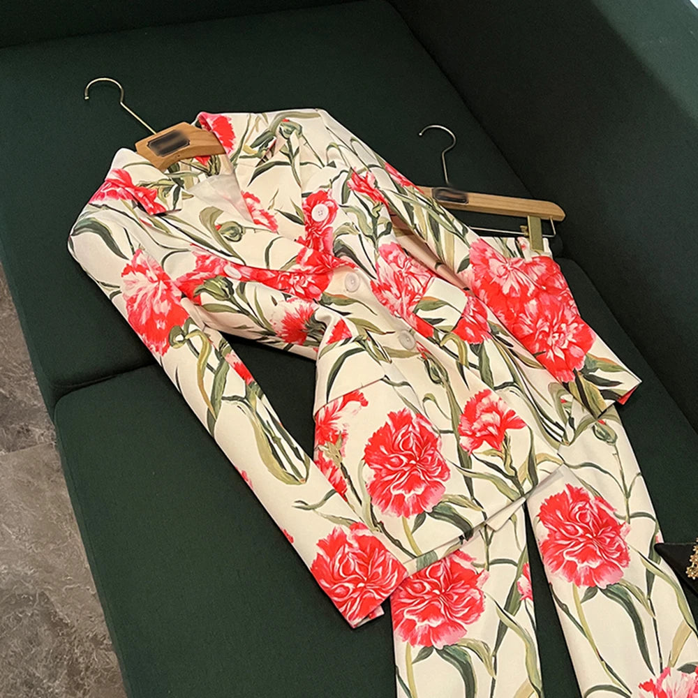 TWOTWINSTYLE Vintage Printing Two Piece Sets For Women Laple Long Sleeve Top High Waist Pants Elegant Set Female New KSE537136