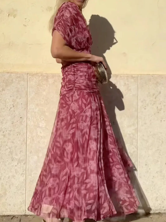 Fashion Off Shoulder High Waist Long Dress Women's Elegant Short Sleeve Commuter Dress New Spring Summer Printed Bohemian Dress