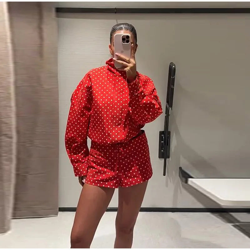 Polka Dot Stand Collar Jacket And High Waist Shorts For Women