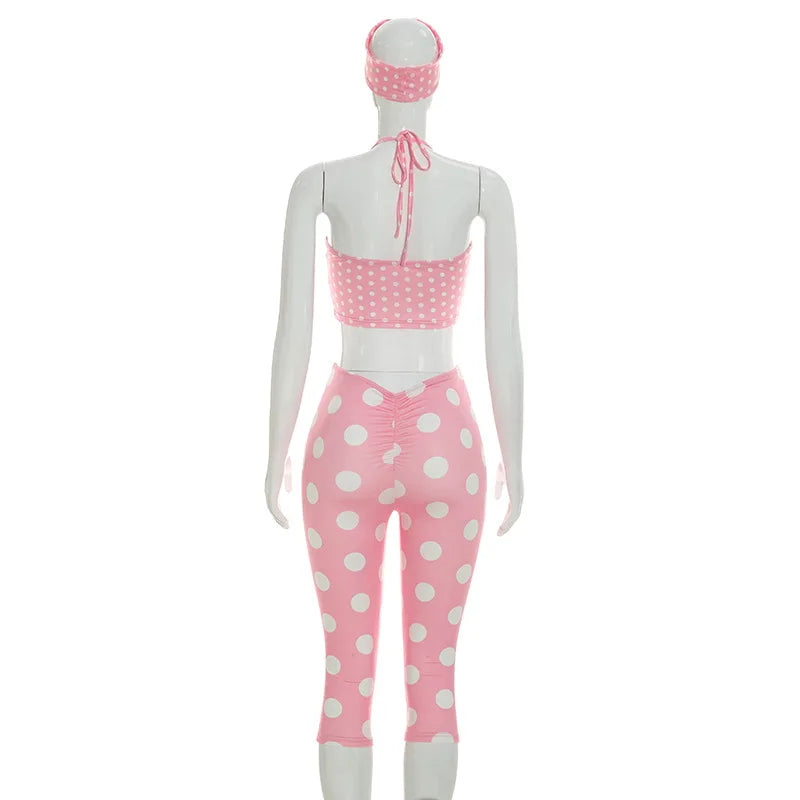 Polka Dot Two Piece Set with Halter Crop Top and Shorts for Women