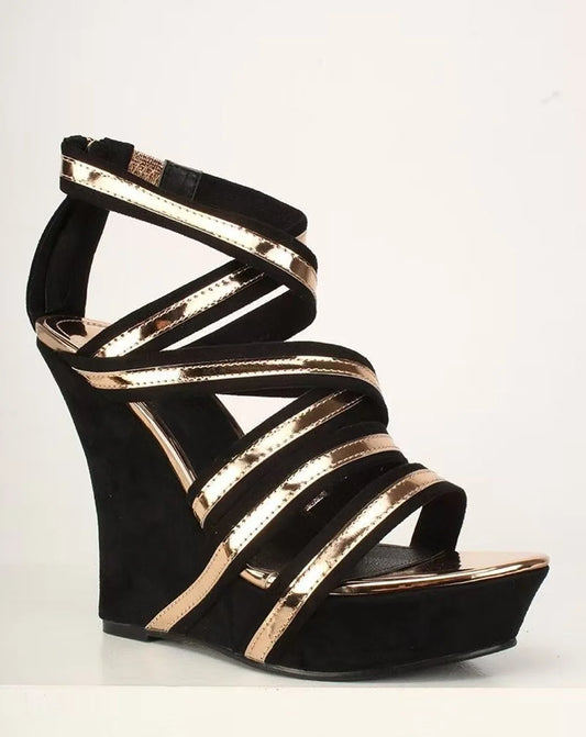 Black Suede Rose Gold Wedge Sandals