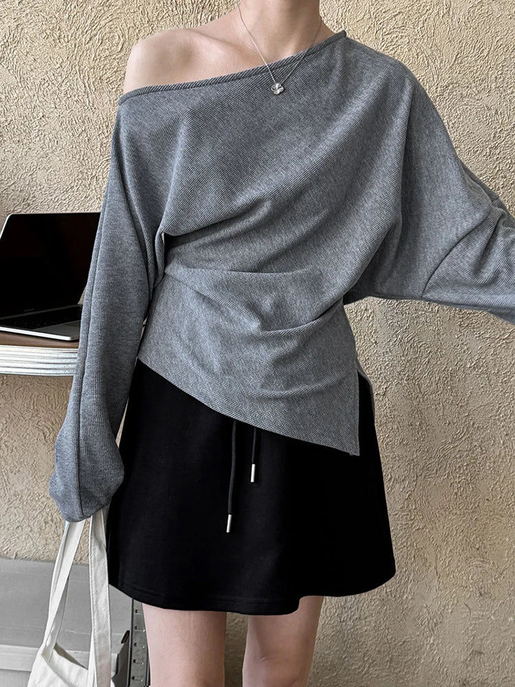 Black Pleated Asymmetrical Collar Sweatshirt for Women