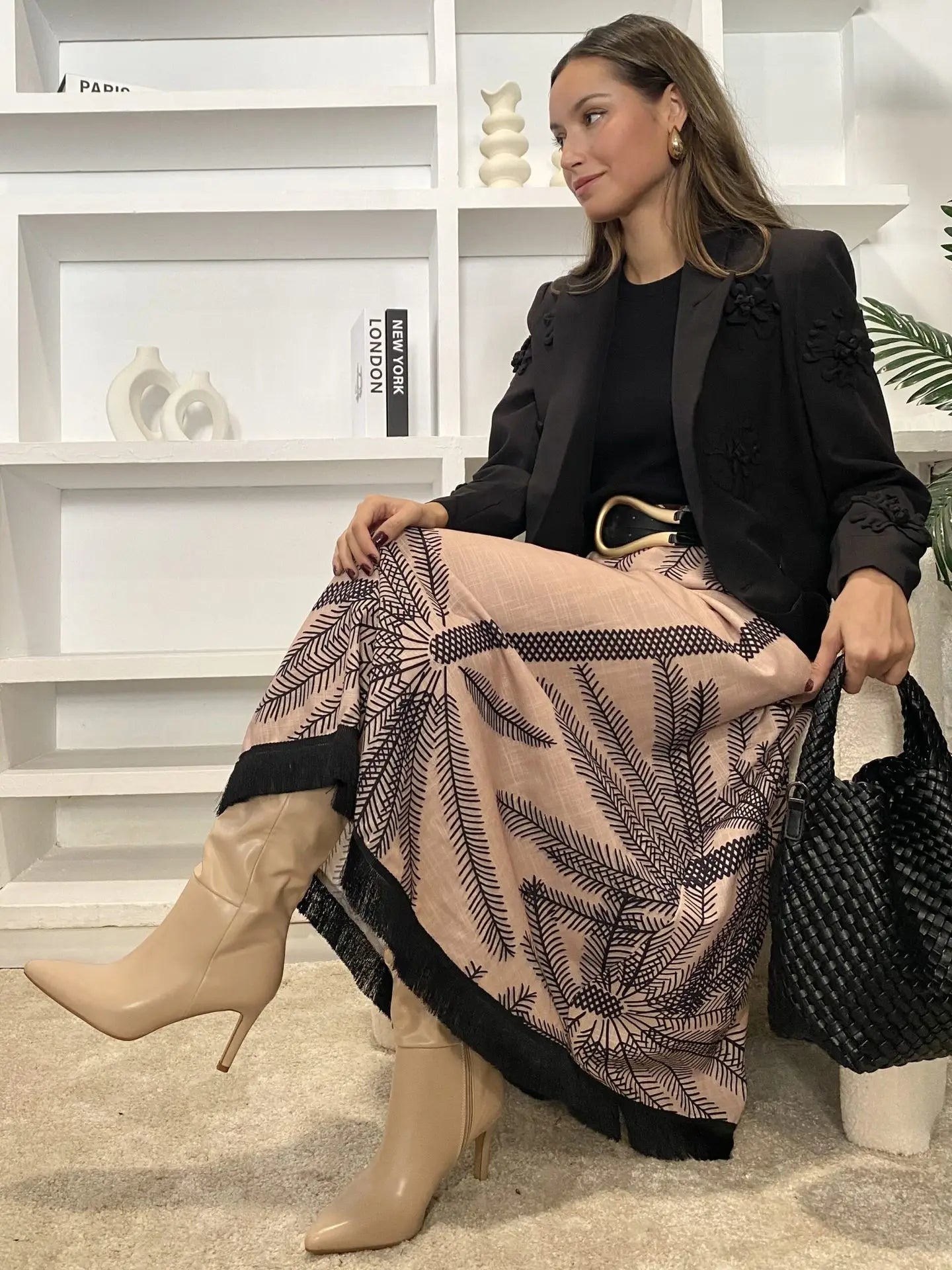 Vintage Plant Printed Hem Tassel Skirts For Women 2025 Spring Autumn New A-line Holiday Party Skirt Fashion All-match Vestidos