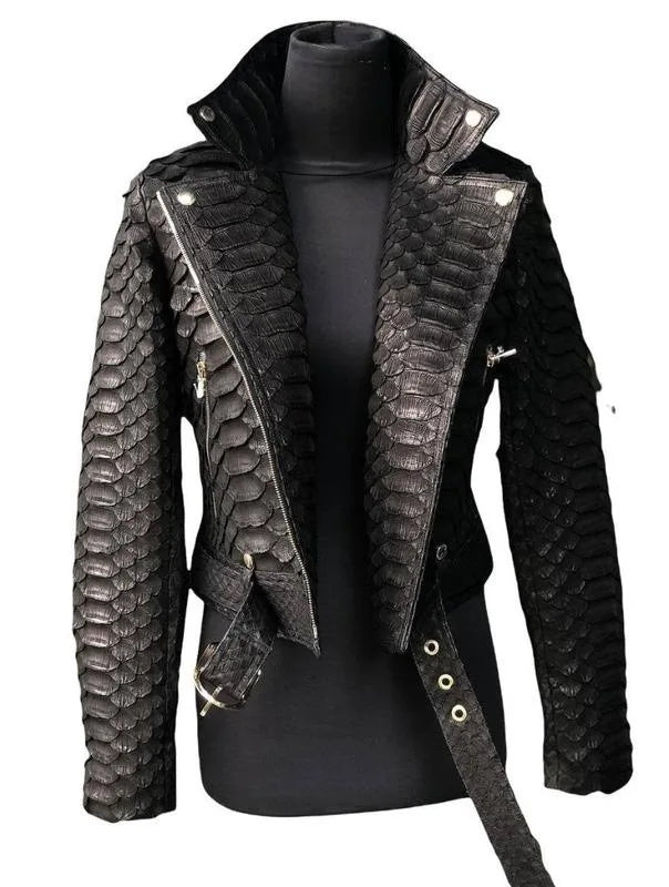 Black Faux Snakeskin PU Leather Zipper Jacket for Women