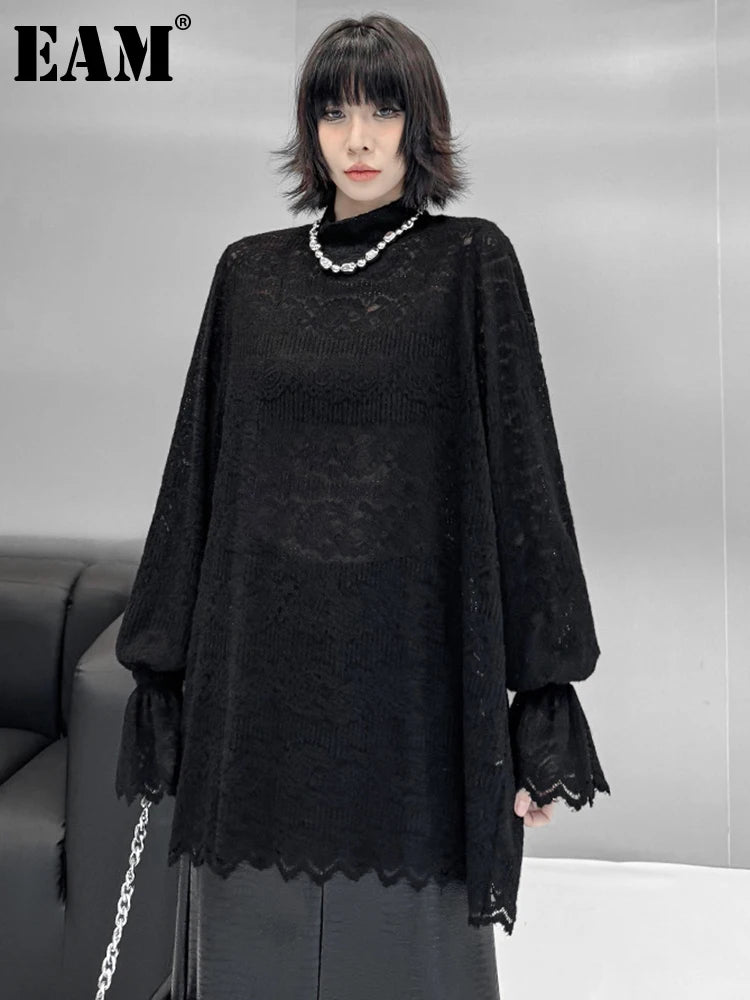 [EAM] Women Black Lace Thin Big Size Elegant T-shirt New Turtleneck Long Flare Sleeve Fashion Tide Spring Autumn 2025 1DH9265